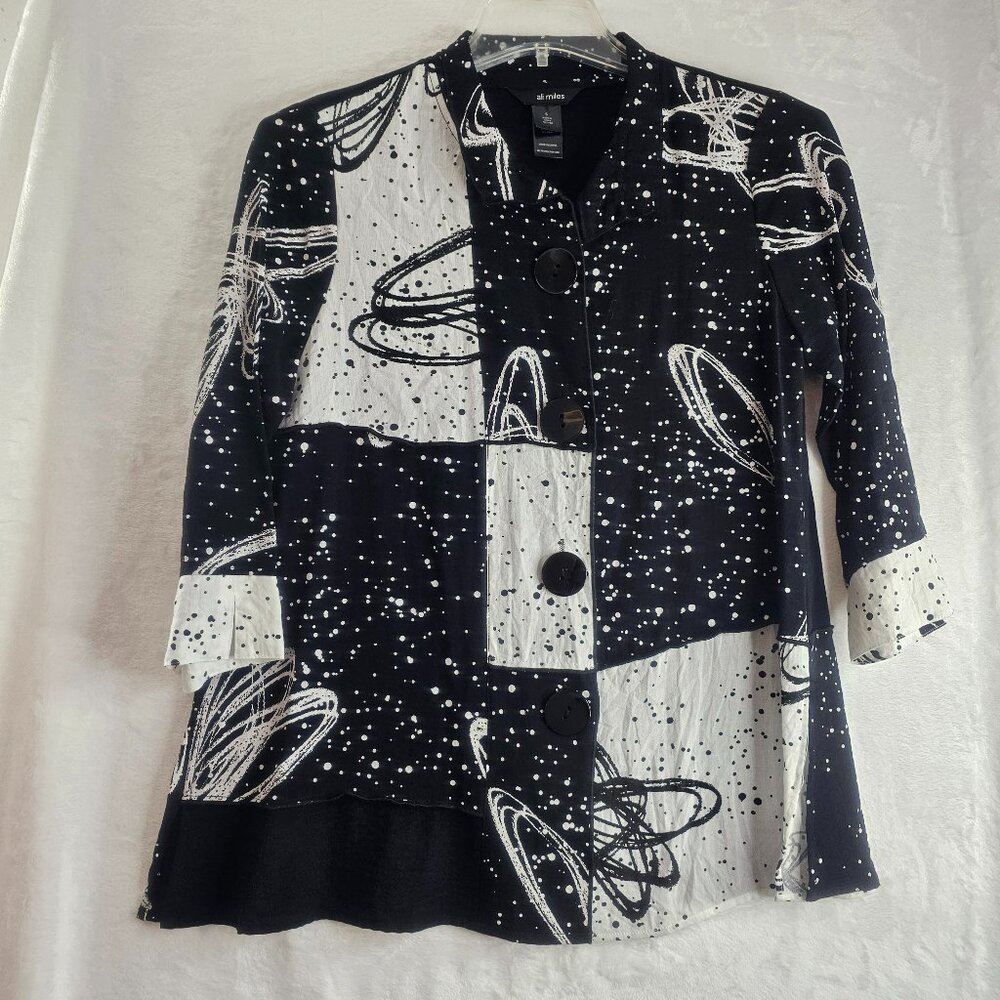Ali Miles Women Abstract Tunic S Black White Colorblock 3/4 Sleeve Button Front